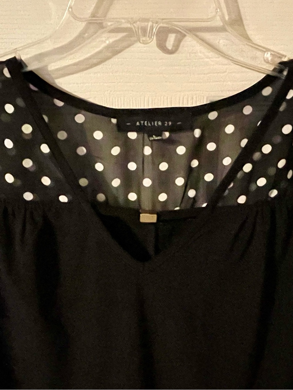 Atelier 29 Polka Dot Trim Sheer Sleeves Black Blouse - size Large - Picture 2 of 5